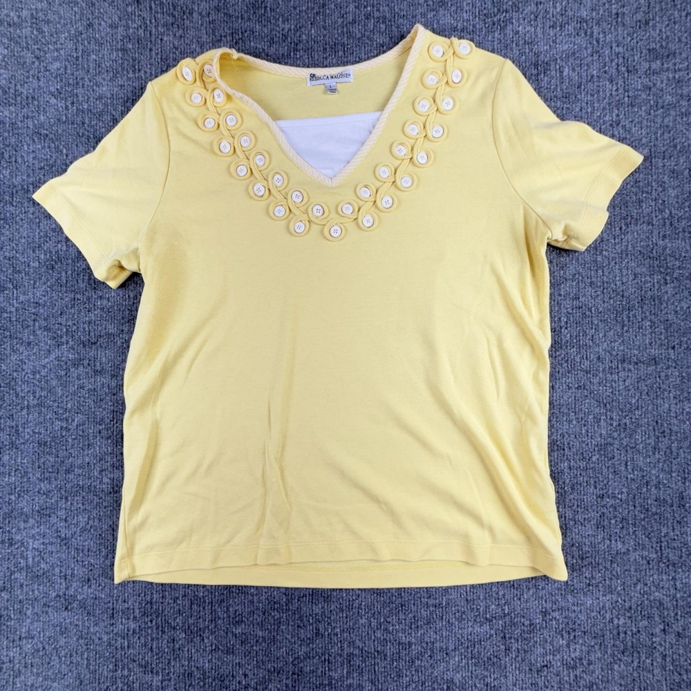 Rebecca Malone Shirt Womens Large Yellow Button Trim V Neck Short Sleeve Top